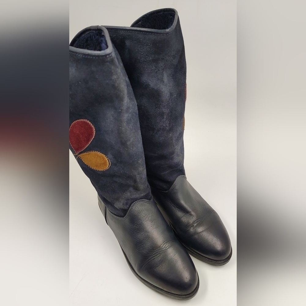 Navy Black Leather Suede Winter Women's Boots Sz 36 w/ Appique - Picture 10 of 15